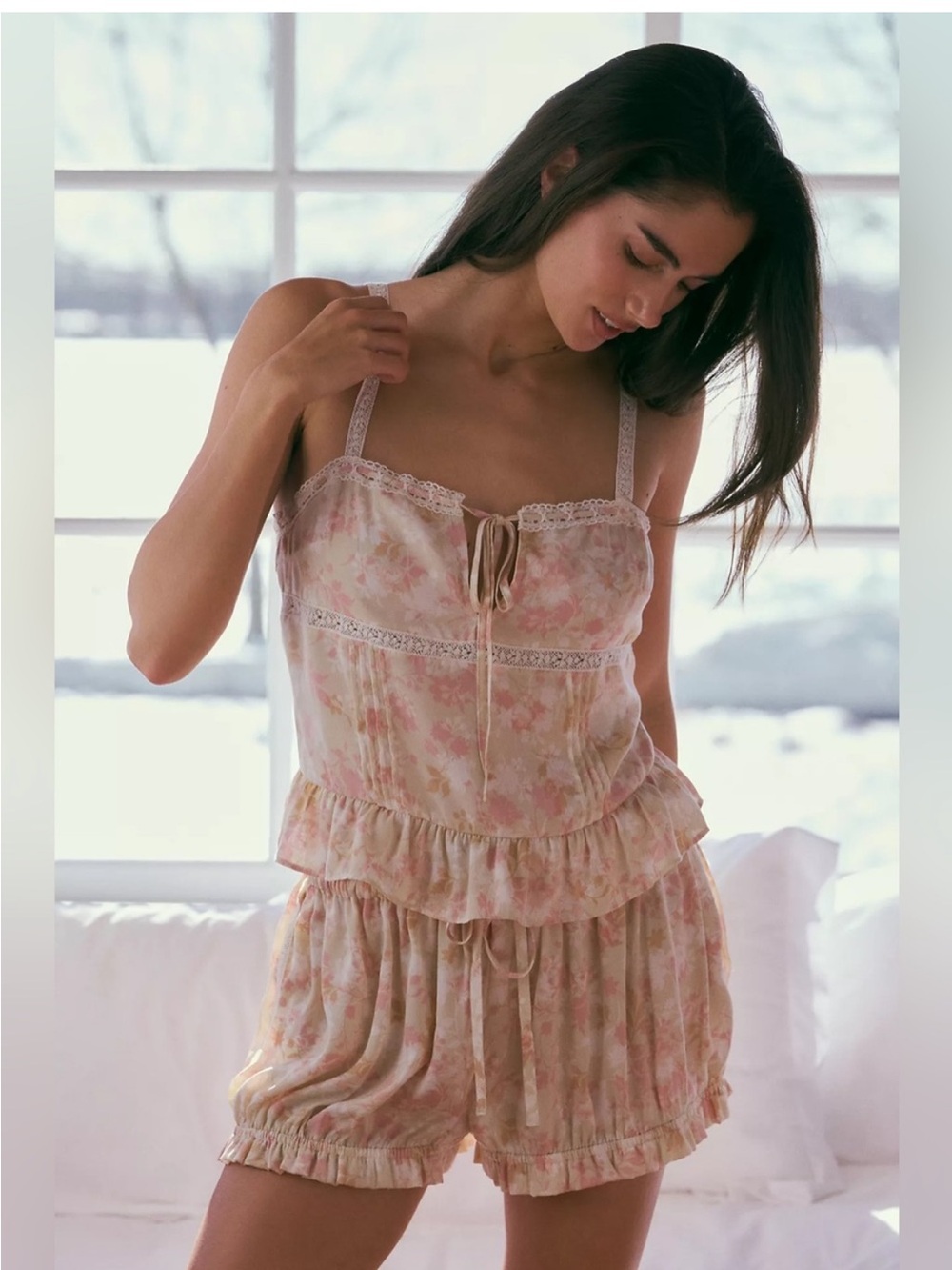 Anthropologie Lyre Bird Floral Lace-Trim Cami & Short Set - Pink